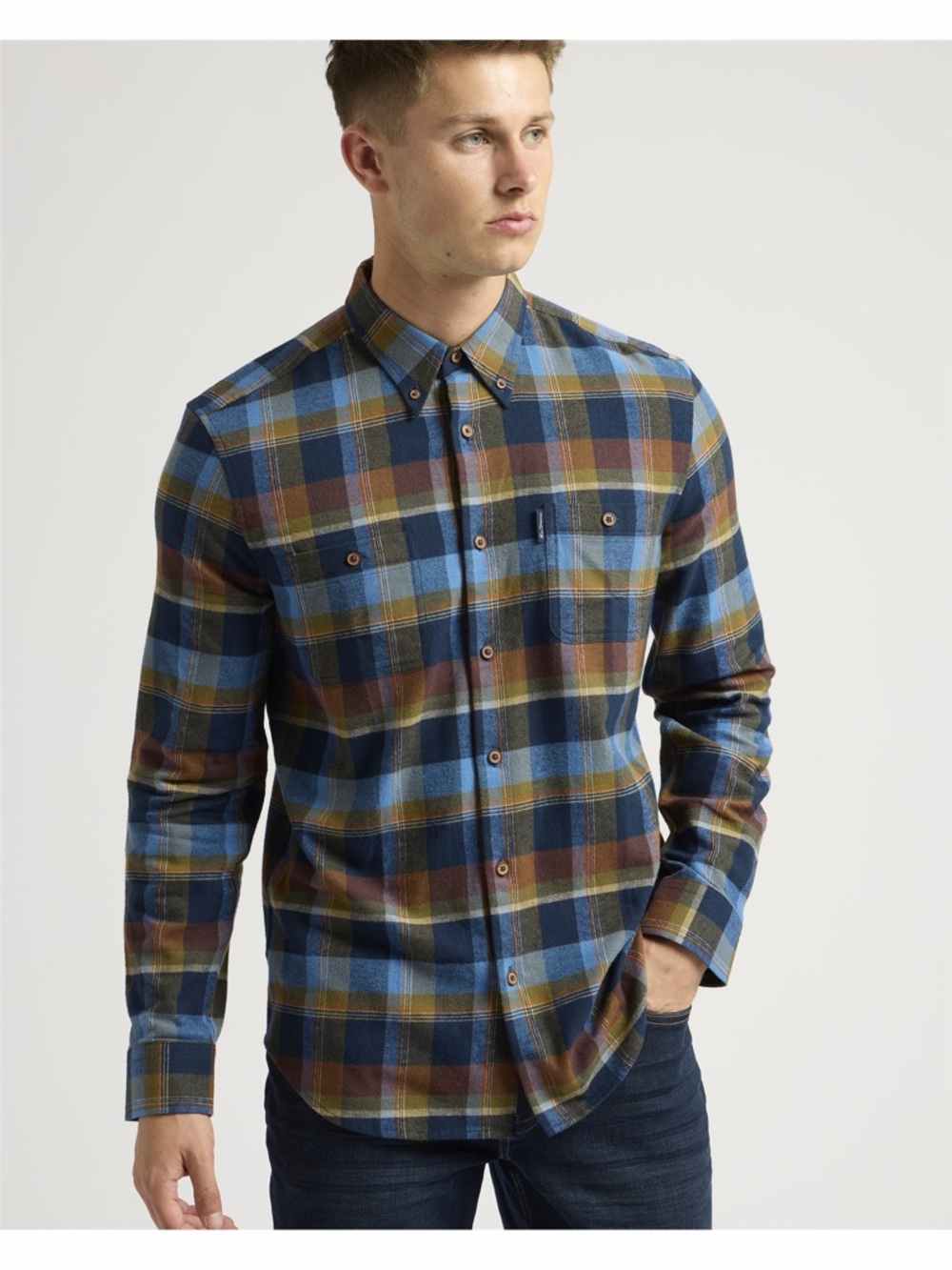 $99 Ben Sherman Brushed Twill Flannel Check Shirt in Dark Blue L